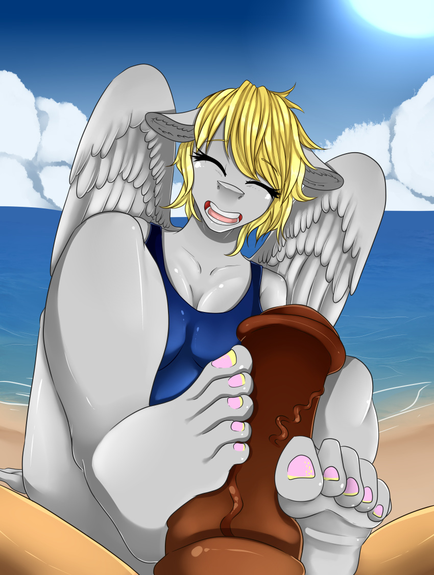 5_toes animal_genitalia animal_penis anthro artsenravenbrave barefoot beach blonde_hair clothing cloud colored_nails derpy_hooves_(mlp) duo equine equine_penis erection feathered_wings feathers feet female foot_fetish footjob friendship_is_magic hair hi_res horse humanoid_feet laugh male male/female mammal my_little_pony open_mouth pegasus penis plantigrade pony sand seaside sex sky smile soles sun swimsuit teeth toes tongue two-footed_footjob vein water wings