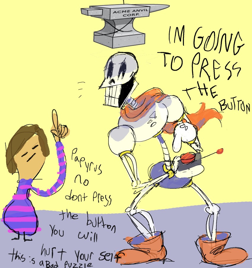2015 animated_skeleton anvil bone boots cape clothing duo english_text footwear hi_res human male mammal not_furry papyrus_(undertale) protagonist_(undertale) skeleton text undead undertale unknown_artist video_games