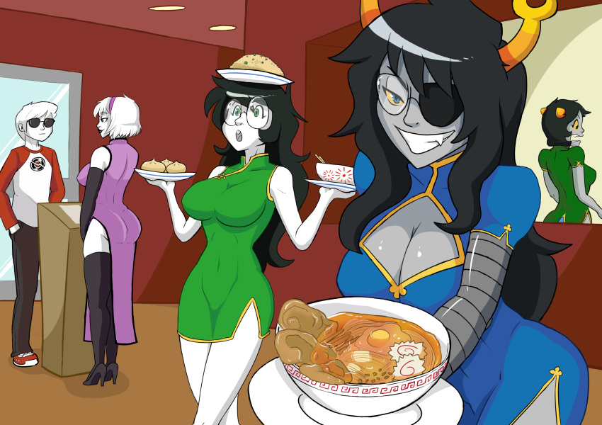 alien big_breasts black_hair blue_eyes breasts butt chinese_clothing chinese_dress cleavage clothed clothing cybernetics cyborg dave_strider dress dumplings eye_patch eyewear fangs female food footwear glasses grey_skin grin group hair high_heels homestuck horn human humanoid jade_harley keyhole_turtleneck low_res machine mammal mindwipe ms_paint_adventures narutomaki navel nepeta_leijon noodles not_furry open_mouth planet_of_junk planetofjunk prosthetic robot_arm rose_lalonde shoes smile sweater thick_thighs troll_(homestuck) vriska_serket white_hair yellow_eyes