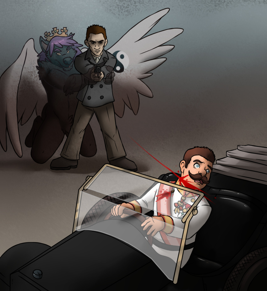 blood brown_hair canine car clothing crown death edgy facial_hair franz_ferdinand gavrilo_princip gun hair handgun history human invalid_tag mammal mustache pistol purple_hair ranged_weapon snuff source_request tagme the_truth vehicle violence weapon what wings wolf world_war_1 yin_yang