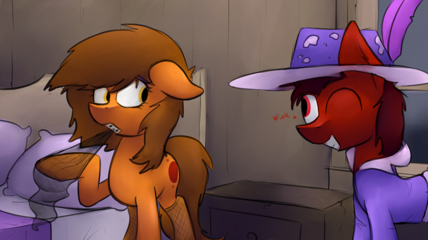 16:9 bed braces clothing digital_media_(artwork) duo earth_pony equine fan_character female feral hat horse male mammal mars_miner marsminer my_little_pony pimp pimp_hat pony prostitution venus_spring