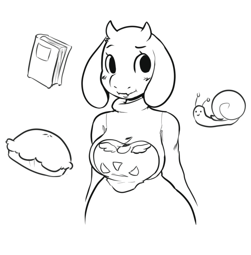 anthro black_and_white blush book boss_monster breasts caprine cute female food gastropod goat hi_res horn itsunknownanon mammal monochrome pie smile snail solo toriel undertale video_games wide_hips
