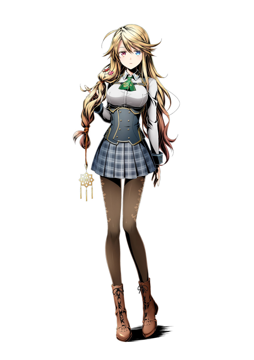 ascot blonde_hair blue_eyes boots braid breasts brown_footwear brown_legwear corset divine_gate full_body green_neckwear grey_skirt hair_over_shoulder heterochromia highres long_hair looking_at_viewer medium_breasts miniskirt multi-tied_hair pantyhose pleated_skirt red_eyes shirt simple_background skirt solo standing ucmm very_long_hair white_background white_shirt