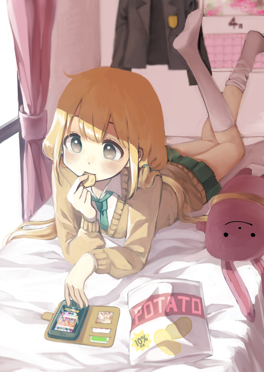 absurdres aqua_neckwear arm_support bag bangs bed bedroom black_jacket blazer blonde_hair blurry blush calendar_(object) cardigan casual cellphone chips collared_shirt credit_card curtains day depth_of_field eating food full_body futaba_anzu green_skirt grey_eyes hair_tie highres idolmaster idolmaster_cinderella_girls indoors jacket kneehighs legs_up long_hair looking_down low_twintails lying meta miniskirt moroboshi_kirari necktie no_shoes on_bed on_stomach phone photo_(object) pleated_skirt potato_chips samita school_uniform shirt sidelocks skirt solo stuffed_animal stuffed_bunny stuffed_toy toes twintails very_long_hair video_game wall white_legwear white_shirt window