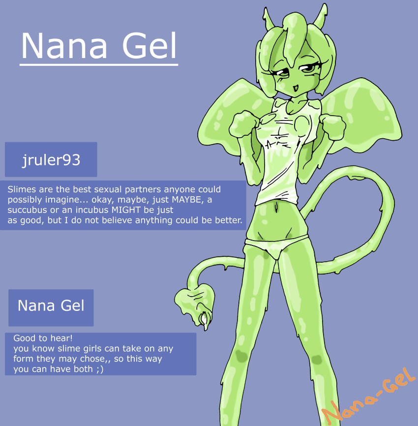 clothed clothing female goo_creature happy hi_res humanoid nana_gel not_furry open_mouth panties shirt simple_background slime smile solo text translucent underwear wet wet_shirt