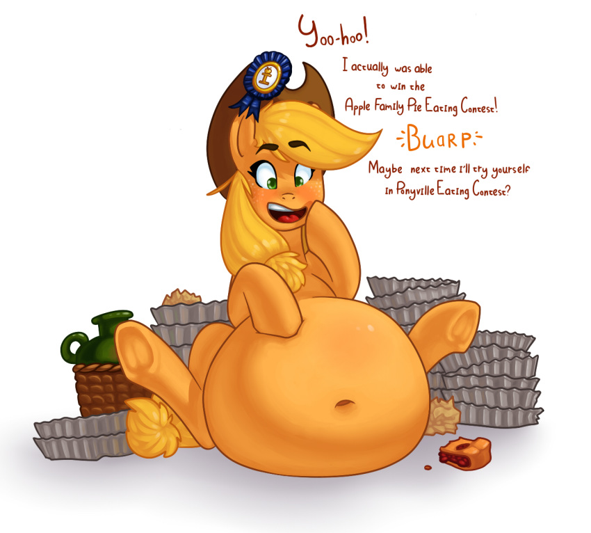 applejack_(mlp) belly big_belly blonde_hair cuprumrus earth_pony equine female friendship_is_magic gain green_eyes hair horse mammal my_little_pony overweight pony solo stuffing weights