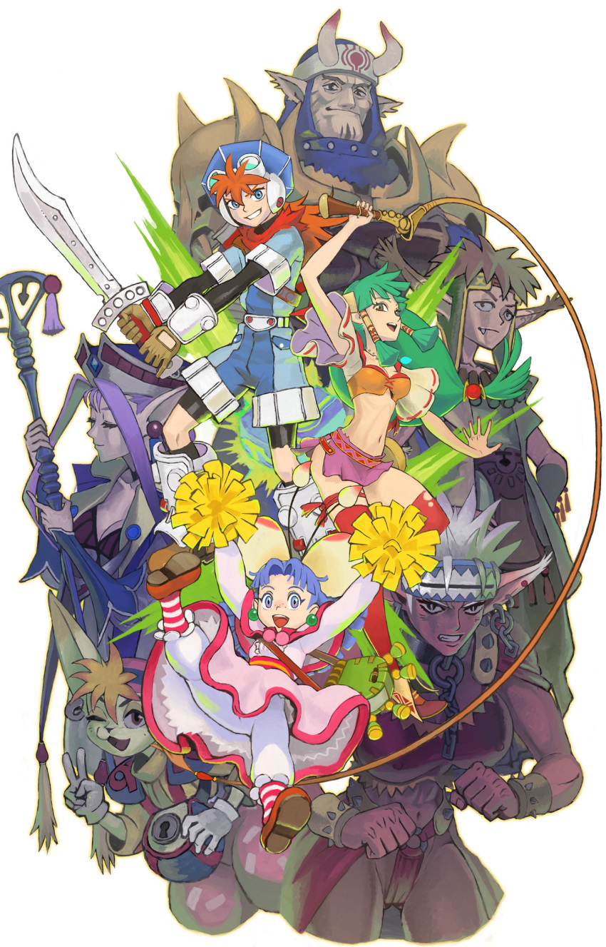 4girls armor bloomers dress earrings everyone feena_(grandia) full_body gadwin_(grandia) gloves grandia grandia_i guido_(grandia) hair_tubes hat headband highres holding holding_sword holding_weapon jewelry justin_(grandia) layered_sleeves liete_(grandia) long_hair low-tied_long_hair midriff milda_(grandia) miniskirt multiple_boys multiple_girls pink_dress pink_skirt pointy_ears pom_poms puui_(grandia) rapp_(grandia) red_legwear skirt staff sue_(grandia) sword thighhighs underwear urasato v very_long_hair weapon whip zettai_ryouiki