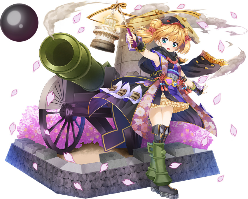 black_scarf blonde_hair blue_eyes boots cannon cherry_blossoms double_bun eyebrows_visible_through_hair floral_print full_body hair_ornament helmet holding_lantern kanna_(chaos966) lantern looking_at_viewer official_art open_mouth oshiro_project oshiro_project_re petals scarf shinagawa_daiba_(oshiro_project) solo thigh_boots thighhighs transparent_background two_side_up