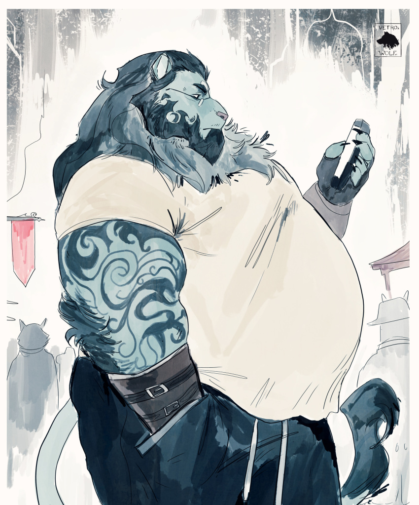 2018 5_fingers anthro beard belly big_belly blue_fur cellphone clothing elbow_tufts eye_glasses facial_hair feline fur lion male mammal overweight overweight_male pants phone shirt solo tattoo tuft vetrowolf