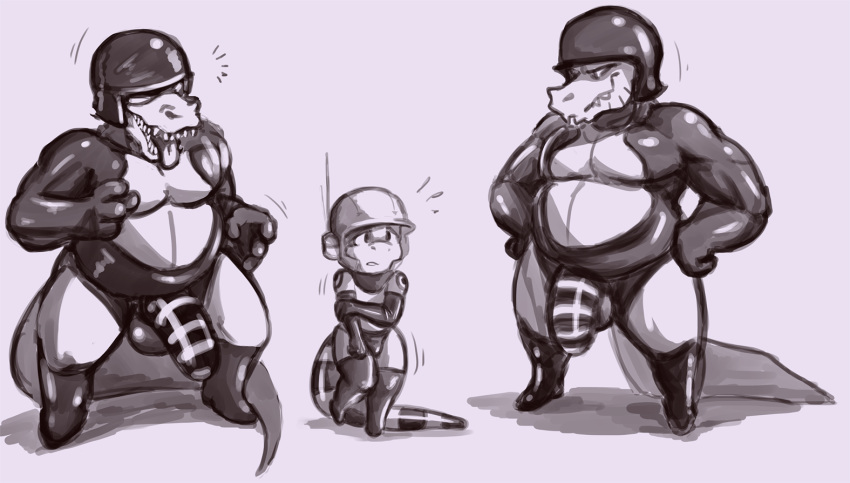 anthro armor balls bulge clothing crocodile crocodilian daftpatriot digital_media_(artwork) earpiece flaccid front_view group helmet legwear male monochrome moobs musclegut nervous nipples pecs penis rape_face reptile scalie size_difference sketch skinsuit tight_clothing uniform