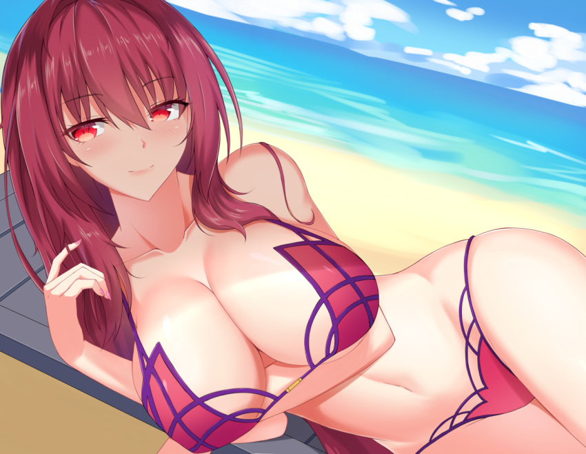 bangs bare_shoulders beach bikini blush breasts cleavage collarbone commentary_request day eyebrows_visible_through_hair fate/grand_order fate_(series) feng_mouren hips large_breasts long_hair looking_at_viewer navel ocean purple_bikini purple_hair red_eyes scathach_(fate)_(all) scathach_(swimsuit_assassin)_(fate) sky smile solo swimsuit