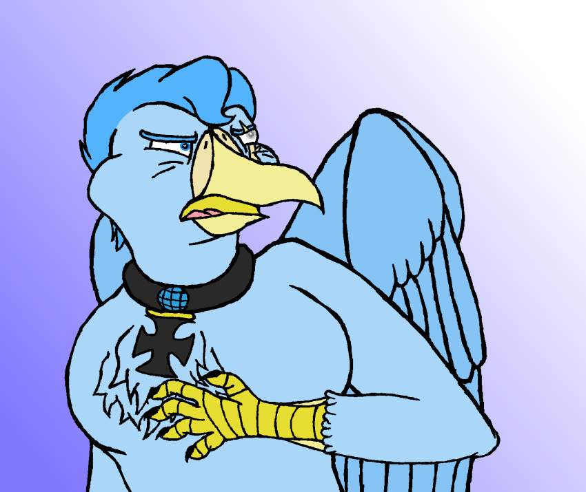 2018 anthro avian beak bird blue_eyes blue_feathers blue_skin blue_wings chest_tuft disgusted erik_krieg feathers iron_cross male phoenix phoenixkrieg reaction_image scar solo tuft wings