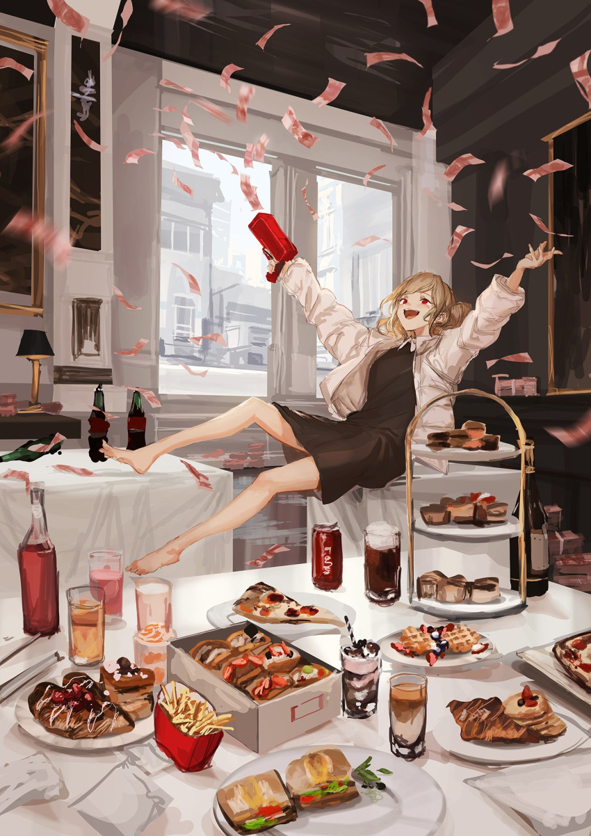 alcohol arms_up barefoot blonde_hair bottle cash_cannon collar firing food french_fries gun highres interior jacket jumping lm7_(op-center) midair money motion_blur original outstretched_arms pizza red_eyes solo spread_arms table tablecloth tiered_tray twintails weapon white_jacket wine_bottle