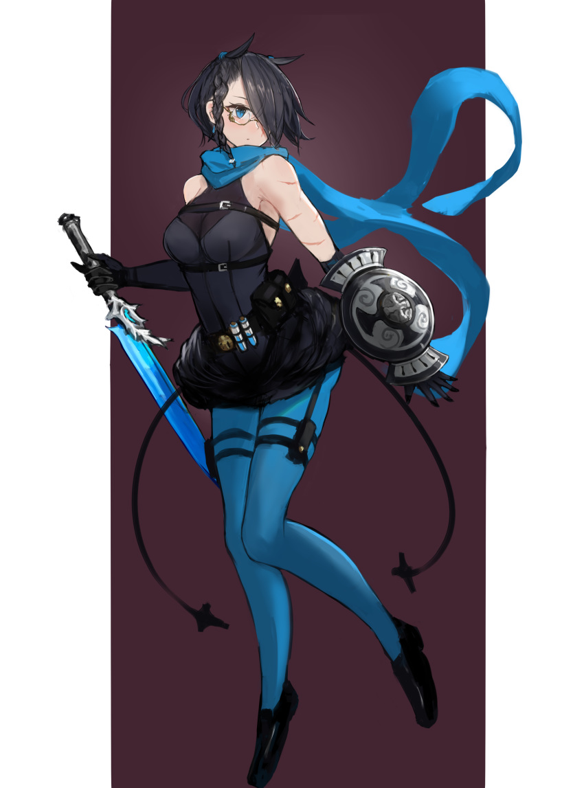 absurdres black_hair blue_eyes blue_legwear braid buckler elbow_gloves full_body glasses gloves hair_over_one_eye highres kasagarasu looking_to_the_side original pantyhose scar scarf semi-rimless_eyewear shield short_hair simple_background sleeveless solo weapon