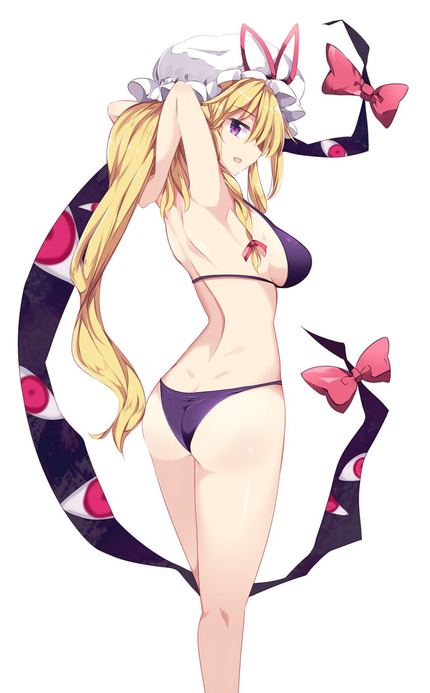 arms_up ass back bare_legs bikini blonde_hair bow breasts eyes feet_out_of_frame from_behind gap hat hat_ribbon highres long_hair looking_at_viewer maturiuta_sorato medium_breasts mob_cap open_mouth profile purple_bikini purple_eyes red_bow red_ribbon ribbon shiny shiny_skin sideboob simple_background smile solo standing string_bikini swimsuit touhou white_background white_hat yakumo_yukari