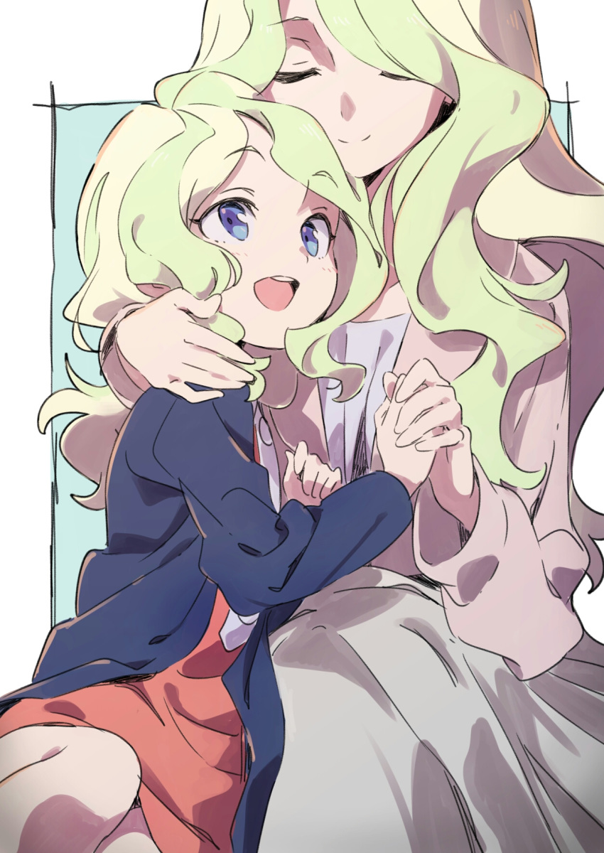 :d age_difference bernadette_cavendish blonde_hair blue_eyes blue_jacket blush breasts brown_jacket cleavage closed_eyes closed_mouth diana_cavendish dress eyebrows_visible_through_hair grey_skirt happy_birthday highres holding_hands jacket light_green_hair little_witch_academia long_hair long_skirt long_sleeves mother_and_daughter multicolored_hair multiple_girls open_clothes open_jacket open_mouth red_dress round_teeth sitting skirt smile tama_(tama-s) tareme teeth two-tone_background two-tone_hair very_long_hair wavy_hair younger