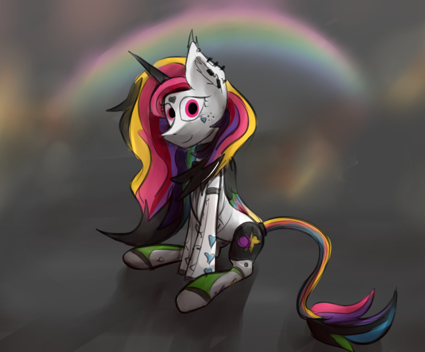 &lt;3 2015 black_fur black_hair blonde_hair blue_fur blue_hair cutie_mark digital_media_(artwork) ear_piercing equine fan_character female feral fur green_fur green_hair hair horn looking_at_viewer mammal markings marsminer multicolored_fur multicolored_hair my_little_pony piercing pink_eyes pink_hair purple_hair rainbow rainbow_arch rainbow_hair red_hair simple_background sitting smile solo unicorn white_fur