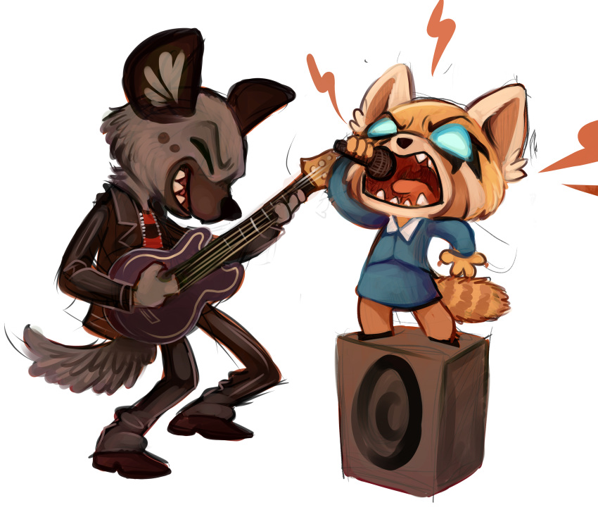 aggressive_retsuko anthro bass chibi clothed clothing duo female guitar haida hyena male mammal microphone musical_instrument playing red_panda retsuko sharkie19_(artist) singing standing