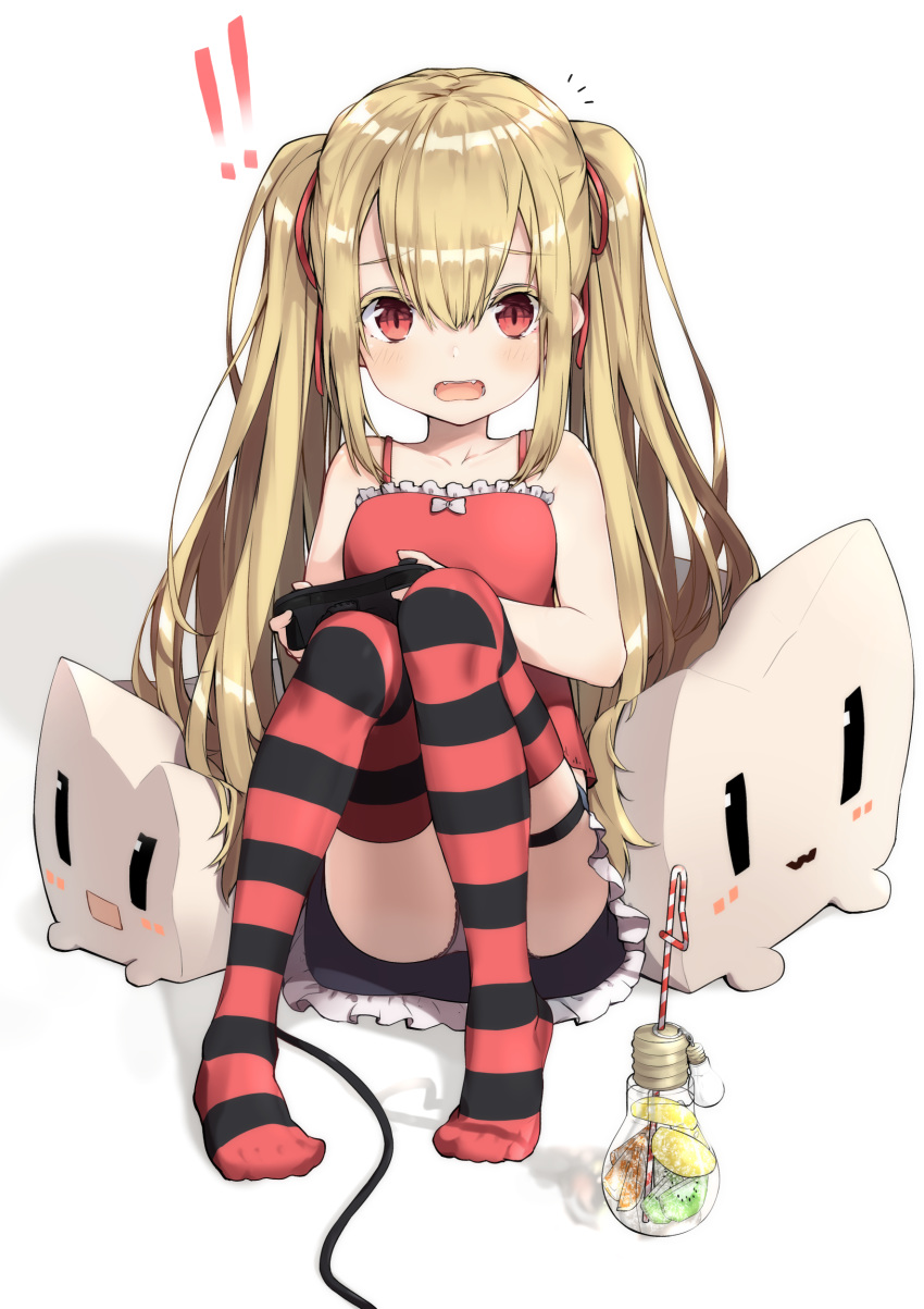 1girl absurdres blonde_hair camisole commentary_request controller game_controller highres knees_up light_bulb long_hair open_mouth original panties panty_peek paryi pillow playing_games red_camisole red_eyes ribbon sitting skirt solo striped striped_legwear thigh_strap thighhighs twintails underwear