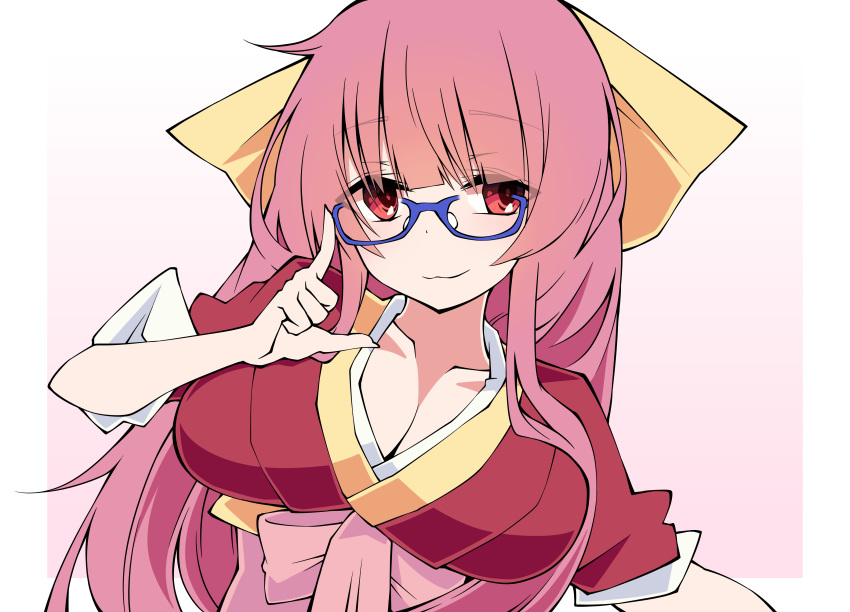 absurdres adjusting_eyewear alternate_breast_size bad_id bad_pixiv_id bespectacled breasts cleavage collarbone commentary glasses hair_ribbon highres japanese_clothes kamikaze_(kantai_collection) kantai_collection large_breasts long_hair looking_away pink_hair red_eyes ribbon sakakiba_misogi simple_background solo white_background
