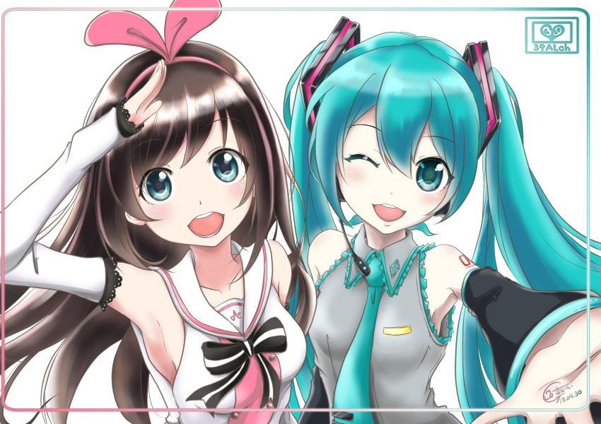 ;d a.i._channel absurdres arm_up armpits bangs blue_eyes blue_hair blue_neckwear brown_hair crossover dated dec_madoka detached_sleeves eyebrows_visible_through_hair floating_hair frilled_shirt frills grey_shirt hair_between_eyes hair_ornament hairband hatsune_miku highres kizuna_ai long_hair multiple_girls necktie number one_eye_closed open_mouth pink_hairband shirt simple_background sleeveless sleeveless_shirt smile tattoo twintails very_long_hair vocaloid white_background