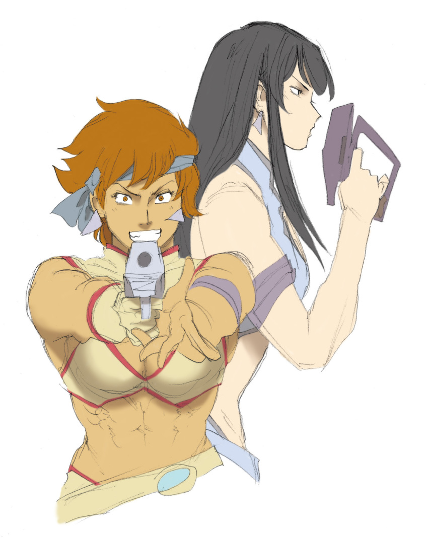 2girls abs aiming_at_viewer bandanna belts black_eyes black_hair brown_eyes brown_hair cleavage cleavage_cutout cosplay custome dirty_pair earring gloves grin guan_cai-he gun hair highres long_hair looking_at_viewer muscle muscular_female nappii_(nappy_happy) nappy_happy short simple_background single_glove weapon white_background zhang_yan-hua