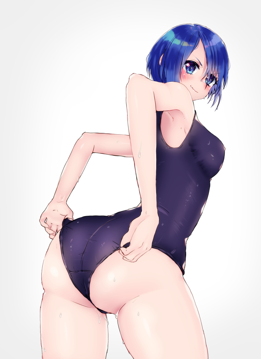 1girl adjusting_clothes adjusting_swimsuit aqua_(kingdom_hearts) ass awato bare_shoulders blue_eyes blue_hair blush breasts cameltoe from_behind kingdom_hearts kingdom_hearts_birth_by_sleep medium_breasts one-piece_swimsuit shiny shiny_clothes shiny_hair shiny_skin short_hair sideboob smile solo swimsuit wet wet_clothes wet_hair wet_skin