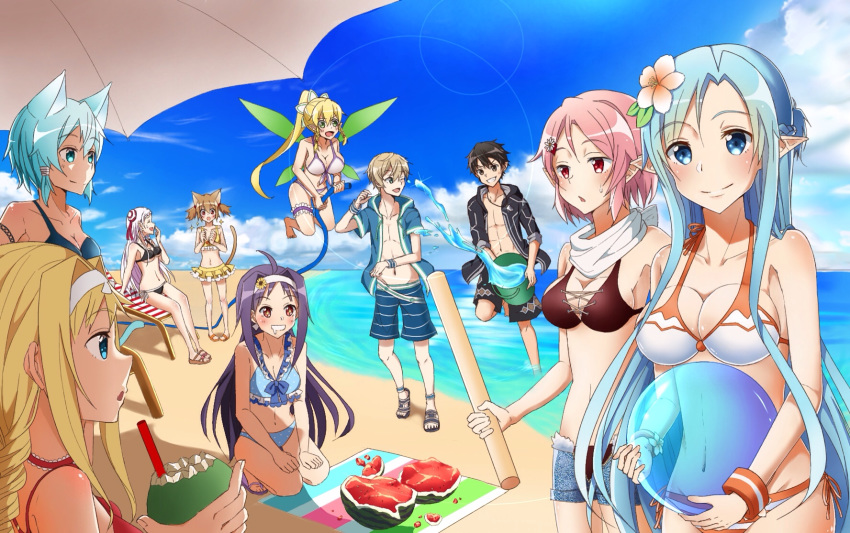 6+girls :d ;d ahoge alice_schuberg animal_ears armlet asuna_(sao) asuna_(sao-alo) asymmetrical_bikini ball beach beachball bikini bikini_skirt black_bikini black_hair black_jacket black_shorts blue_bikini blue_bikini_top blue_eyes blue_hair blue_jacket blue_shorts blue_sky blush braid breasts brown_hair cat_ears cat_tail cleavage cloud collarbone day drooling enokimo_me eugeo eyebrows_visible_through_hair eyes floating_hair flower flying food fruit green_eyes green_wings grin hair_between_eyes hair_flower hair_ornament hair_ribbon hairband high_ponytail highres holding holding_ball hood hooded_jacket jacket kirito kneeling large_breasts leafa lens_flare lisbeth lisbeth_(sao-alo) long_hair looking_at_viewer medium_breasts multiple_boys multiple_girls navel ocean one_eye_closed open_clothes open_jacket open_mouth open_shorts outdoors pink_hair pointy_ears polka_dot polka_dot_bikini purple_hair red_bikini_top red_eyes red_ribbon ribbon scarf shiny shiny_skin short_hair short_hair_with_long_locks short_shorts shorts side-tie_bikini sideboob sidelocks silica silica_(sao-alo) silver_hair sinon sinon_(sao-alo) sketch sky small_breasts smile sparkle standing striped striped_bikini_bottom striped_shorts swimsuit sword_art_online tail twin_braids twintails underboob very_long_hair water watermelon white_bikini white_bikini_top white_flower white_hairband white_scarf wings wrist_cuffs yellow_bikini yellow_flower yuna_(sao) yuuki_(sao)