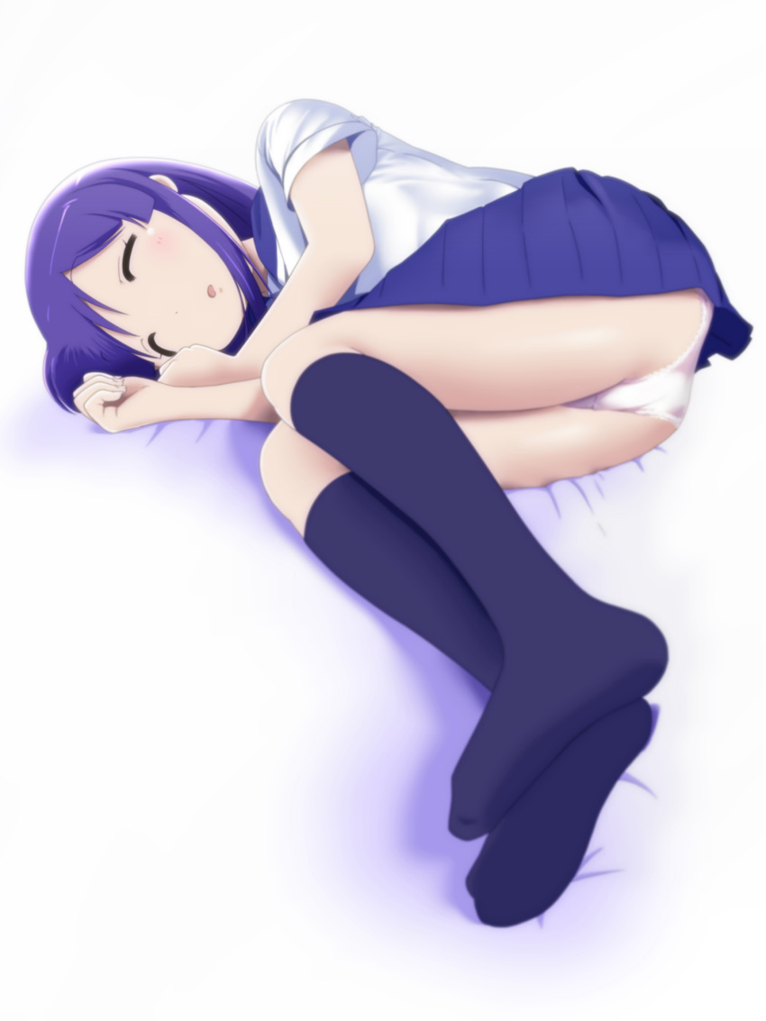 ass blue_skirt closed_eyes commentary_request feet fetal_position highres hinata_yukari kneehighs knees_up long_hair lying navy_blue_legwear no_shoes on_side open_mouth panties purple_hair school_uniform school_uniform_(yuyushiki) serafuku shirt skirt sleeping soles solo tora_tsugumi underwear white_panties white_shirt yuyushiki