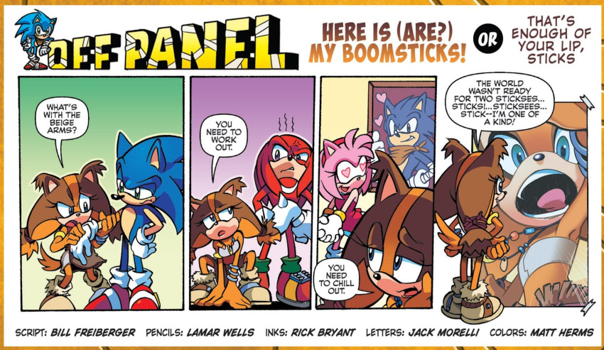 amy_rose anthro archie_comics badger blue_fur echidna female fur hedgehog knuckles_the_echidna male mammal monotreme mustelid official_art pink_fur sonic_(series) sonic_boom sonic_the_hedgehog sticks_the_jungle_badger unknown_artist
