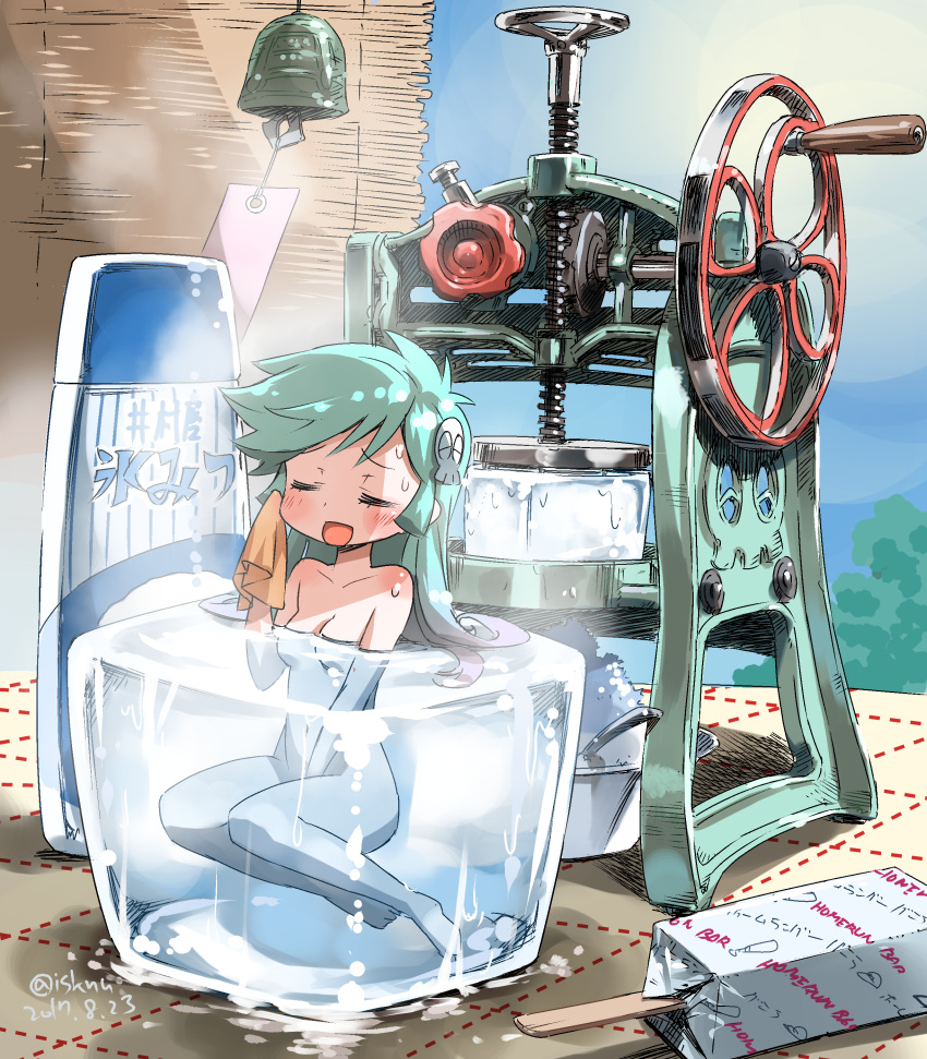 absurdres aqua_hair body_blush closed_eyes dated dororon_enma-kun food hair_ornament handkerchief highres ice ice_shaver isedaichi_ken long_hair nude open_mouth popsicle shaved_ice skull_hair_ornament smile solo spoon summer sweat twitter_username wind_chime wiping_sweat yukiko_hime