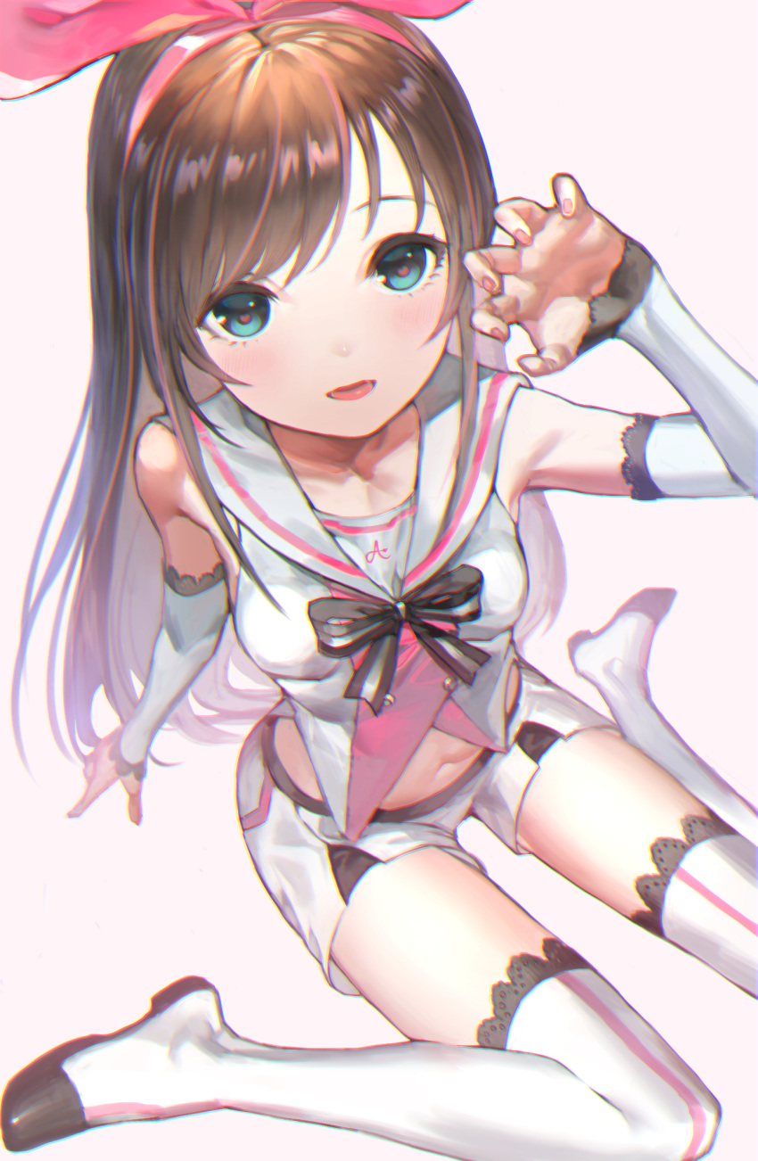 a.i._channel bangs bare_shoulders black_bow black_neckwear blue_eyes blush bow bowtie breasts brown_hair buttons chromatic_aberration claw_pose collarbone detached_sleeves eyebrows eyelashes fingernails hand_up heart heart-shaped_pupils highres hinako_(anzu15) kizuna_ai lace lace-trimmed_sleeves lace-trimmed_thighhighs lace_trim legs_apart long_hair multicolored_hair nail_polish navel open_mouth pink_hair pink_nails pink_pupils sailor_collar school_uniform serafuku shirt shorts sitting sleeveless sleeveless_shirt sleeves_past_wrists small_breasts smile solo stomach straight_hair streaked_hair striped striped_neckwear swept_bangs symbol-shaped_pupils thighhighs virtual_youtuber wariza white_legwear white_sailor_collar white_shorts