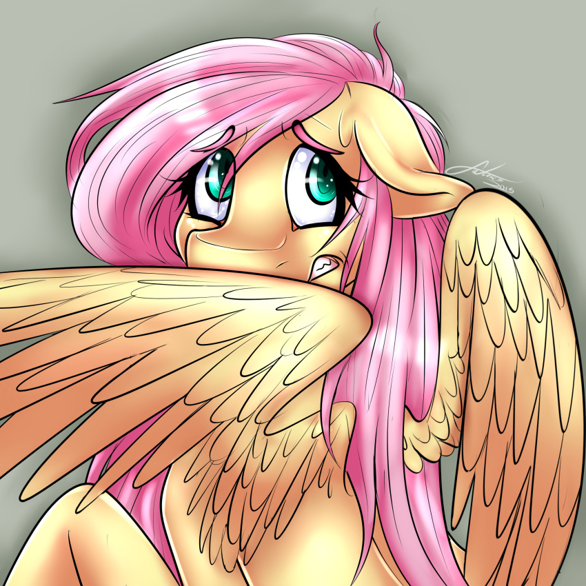 2015 equine feathered_wings feathers female feral fluttershy_(mlp) friendship_is_magic grey_background hair hi_res long_hair mammal mrfatcakes my_little_pony pegasus pink_hair simple_background solo wings yellow_feathers