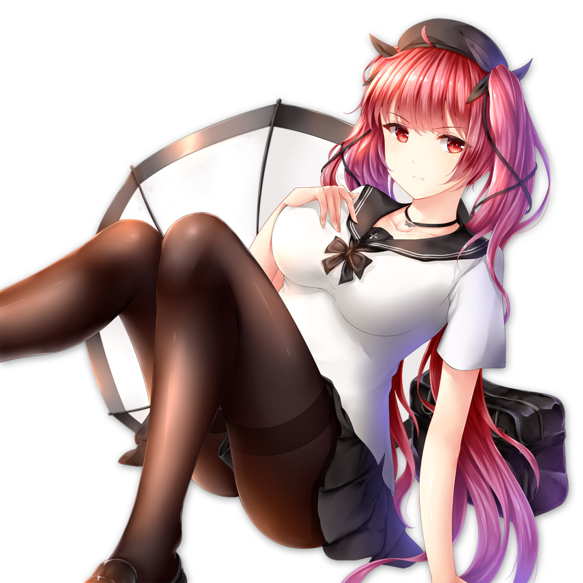 alternate_costume arm_support azur_lane bag bangs black_footwear black_legwear black_ribbon black_skirt blush breasts choker closed_mouth collarbone commentary_request eyebrows_visible_through_hair hair_ribbon hand_on_own_breast hat high-waist_skirt highres honolulu_(azur_lane) knees_together_feet_apart large_breasts loafers long_hair looking_at_viewer midriff pantyhose red_eyes red_hair ribbon sailor_collar school_bag school_uniform serafuku shirt shoes short_sleeves sidelocks simple_background sitting skirt solo thighband_pantyhose twintails umbrella white_background white_shirt wsman