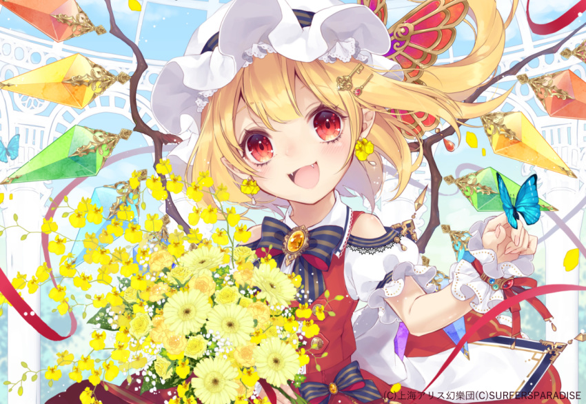 bangs blonde_hair blue_background bouquet bug butterfly butterfly_hair_ornament commentary_request fangs fingernails flandre_scarlet flower hair_ornament hairpin hat hat_ribbon head_tilt insect long_hair looking_at_viewer mob_cap open_mouth pointy_ears red_eyes red_skirt ribbon skirt skirt_set smile solo touhou toutenkou vest white_hat wings wrist_cuffs