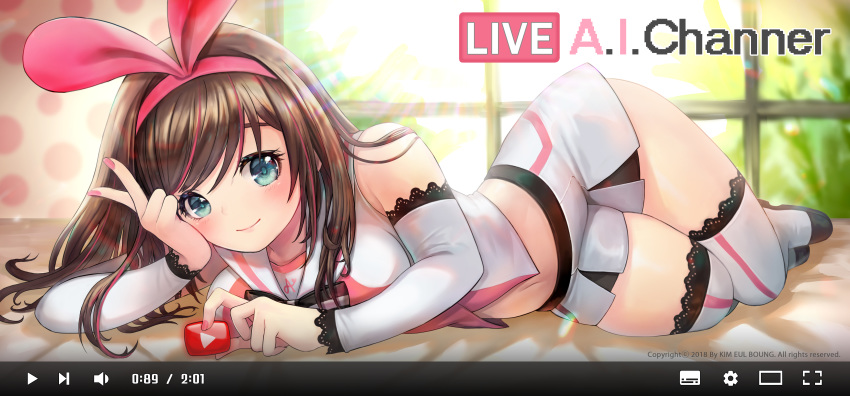 a.i._channel absurdres aqua_eyes arm_warmers bangs bare_shoulders blush bow bowtie breasts brown_hair engrish highres hips indoors kim_eul_bong kizuna_ai livestream long_hair looking_at_viewer lying midriff multicolored_hair nail_polish navel on_side pink_hair play_button ranguage sailor_collar shorts sleeveless smile streaked_hair sunlight swept_bangs thighhighs two-tone_hair v video virtual_youtuber watermark window youtube