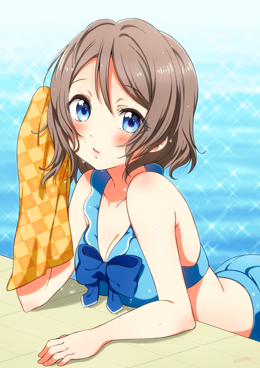 bare_shoulders bico_(bicoris) bikini bikini_skirt blue_bikini blue_eyes blue_neckwear blush bow bowtie breasts checkered checkered_towel cleavage grey_hair highres looking_at_viewer love_live! love_live!_sunshine!! medium_breasts parted_lips poolside short_hair solo sparkle swimsuit towel watanabe_you water wet wet_hair yellow_towel