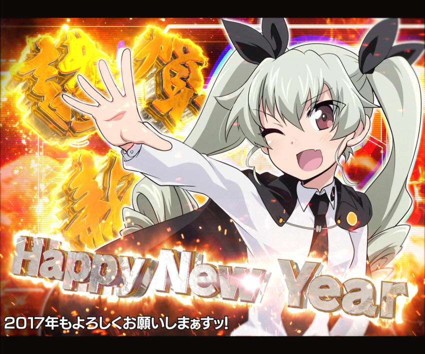 2017 ;d anchovy anzio_school_uniform bangs black_cape black_neckwear black_ribbon blush breasts cape collared_shirt drill_hair eyebrows eyebrows_visible_through_hair eyes_visible_through_hair fang girls_und_panzer green_hair hair_ribbon happy_new_year letterboxed long_hair long_sleeves necktie new_year one_eye_closed open_mouth outstretched_arm palms red_eyes ribbon school_uniform shirt small_breasts smile solo tom_(drpow) tongue twin_drills twintails upper_body v-shaped_eyebrows white_shirt
