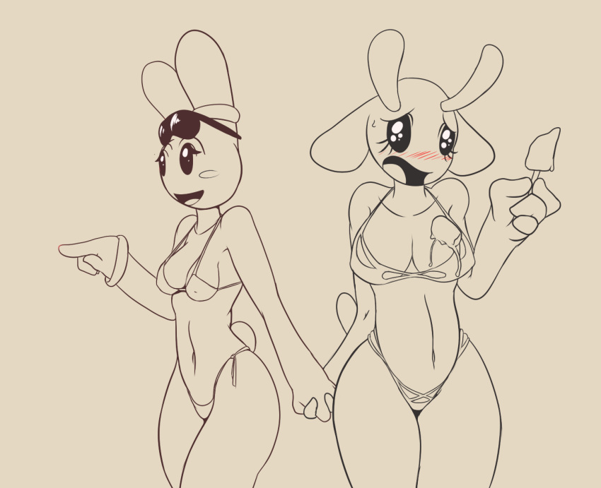 anthro bikini blush bovine breasts bunny_maloney candy_bunny cattle charlotte_(bm) clothing duo female lagomorph mammal rabbit swimsuit synad