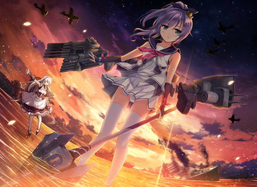 aircraft airplane apron arm_guards ass_visible_through_thighs azur_lane backlighting bangs bare_shoulders belfast_(azur_lane) black_dress black_ribbon blue_eyes blush breasts cloud commentary_request crown dawn dress dutch_angle elbow_gloves evening eyebrows_visible_through_hair frilled_dress frills gloves gradient_sky green_eyes hair_ornament hair_ribbon hairclip holding holding_weapon horizon huge_weapon javelin_(azur_lane) light_particles long_hair looking_at_viewer medium_breasts military military_vehicle mini_crown multiple_girls neckerchief ocean outstretched_arm panties pantyhose pink_neckwear polearm ponytail purple_hair remodel_(azur_lane) ribbon rigging ryoumoto_ken ship shipwreck shirt silver_hair sinking skirt sky sleeveless sleeveless_shirt smoke spear sunlight sunset thighhighs torpedo_tubes underwear wading waist_apron warship water watercraft weapon white_apron white_gloves white_legwear white_panties white_shirt white_skirt wind