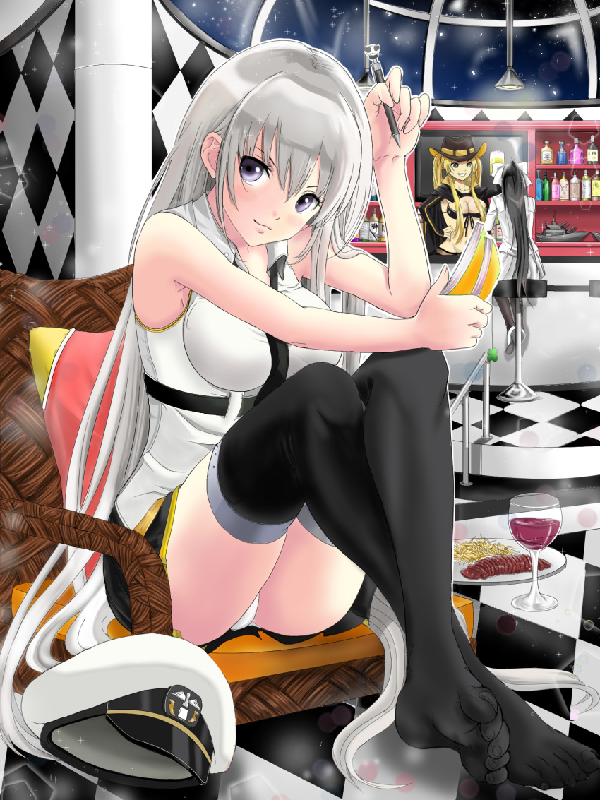 :d armpits azur_lane black_bikini_top black_hair black_hat black_legwear black_neckwear black_skirt blonde_hair bow breasts brown_eyes checkered checkered_floor cleavage collarbone cup drinking_glass enterprise_(azur_lane) food front-tie_bikini front-tie_top green_eyes grin groin hair_between_eyes hair_bow hand_on_hip hat hat_removed headwear_removed highres hornet_(azur_lane) indoors jacket large_breasts long_hair midriff military_hat miniskirt multiple_girls nao3675 navel necktie no_shoes open_mouth panties pantyshot pantyshot_(sitting) pleated_skirt ponytail shirt silver_hair sitting skirt sleeveless smile solo_focus stomach takao_(azur_lane) thighhighs twintails underwear very_long_hair white_bow white_footwear white_hat white_jacket white_panties white_shirt white_skirt wine_glass