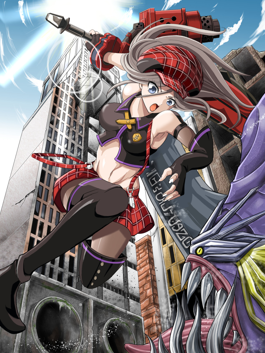 :d alisa_ilinichina_amiella armpits asymmetrical_gloves battle black_footwear black_gloves blue_eyes blue_sky boots breasts brown_hair cloud crop_top day elbow_gloves eyebrows_visible_through_hair fingerless_gloves floating_hair from_below gloves god_eater groin hair_between_eyes hat highres holding holding_weapon lens_flare long_hair medium_breasts midriff miniskirt monster nao3675 navel open_mouth outdoors pantyhose red_hat red_skirt sideboob skirt sky smile stomach sun suspender_skirt suspenders suspenders_slip thigh_boots thighhighs weapon