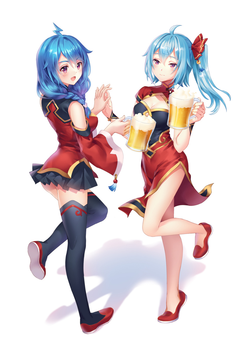 :d ahoge alcohol beer bili_girl_22 bili_girl_33 bilibili_douga black_legwear black_skirt blue_hair blush braid breasts carminar cleavage_cutout cup drinking_glass facial_mark forehead_mark hair_between_eyes hair_over_shoulder highres holding holding_cup looking_at_viewer medium_breasts multiple_girls official_art open_mouth purple_eyes red_footwear shadow shoes skirt smile standing standing_on_one_leg thighhighs twintails wide_sleeves