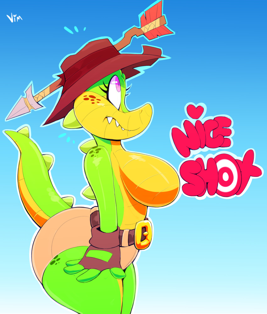 2017 anthro arrow australian belt breasts clothed clothing croc_(vimhomeless) crocodile crocodilian english_text female fingerless_gloves gloves hat reptile scalie shorts side_boob solo text topless vimhomeless