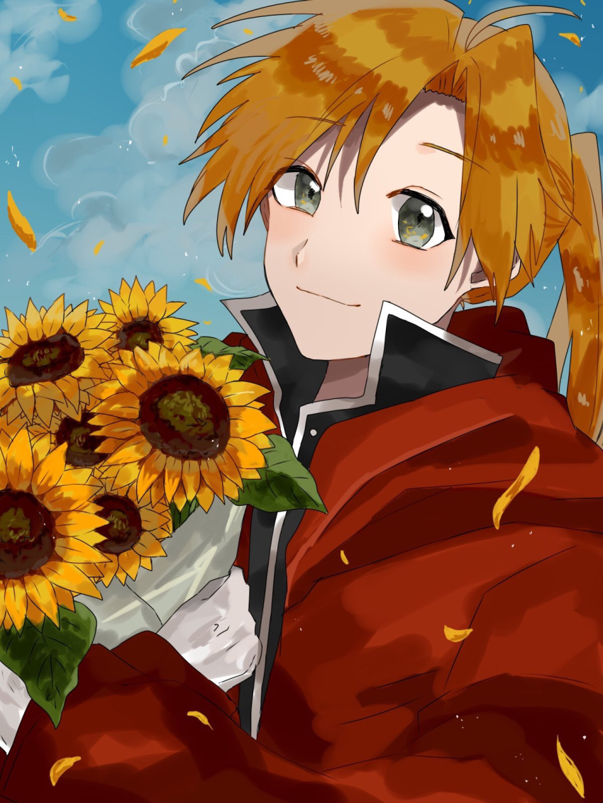 alphonse_elric bad_id bad_pixiv_id black_shirt bouquet brown_hair coat conqueror_of_shambala eyebrows_visible_through_hair flower fullmetal_alchemist gloves grey_eyes happy highres leaf long_hair looking_at_viewer male_focus petals ponytail red_coat shirt sky smile solo sunflower yuuremon