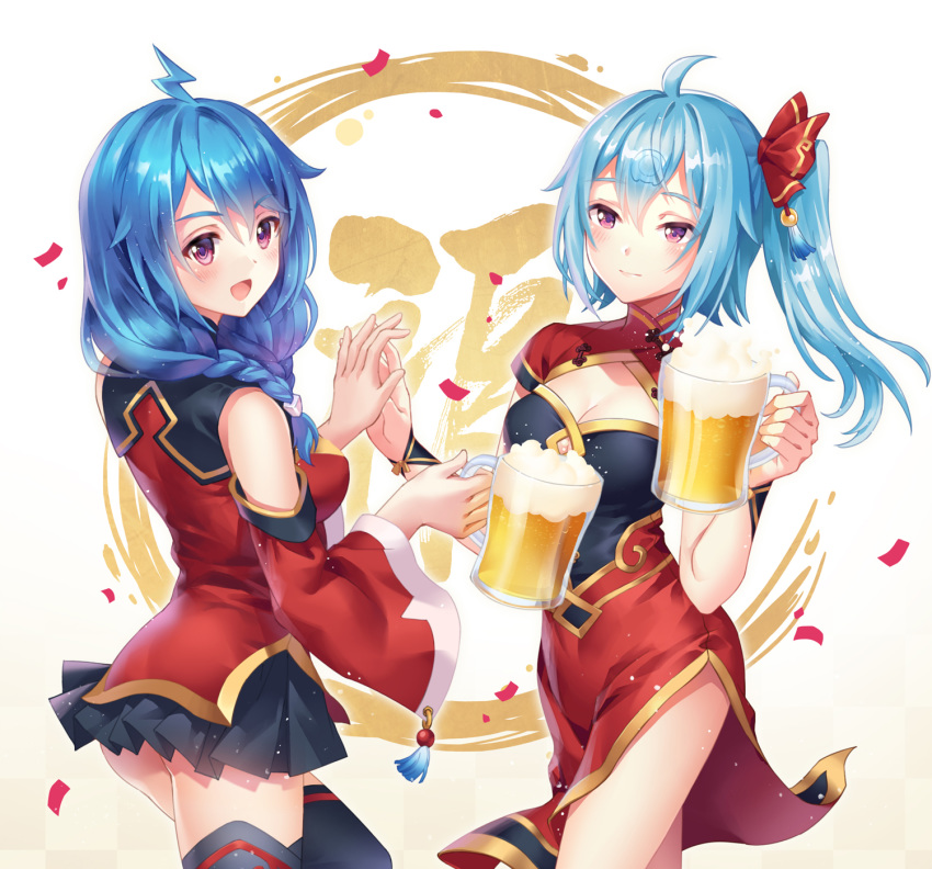 :d ahoge alcohol beer bili_girl_22 bili_girl_33 bilibili_douga black_legwear black_skirt blue_hair blush braid breasts carminar cleavage_cutout cup detached_sleeves drinking_glass facial_mark forehead_mark hair_between_eyes hair_over_shoulder highres holding holding_cup looking_at_viewer medium_breasts multiple_girls open_mouth purple_eyes skirt smile standing thighhighs twintails wide_sleeves