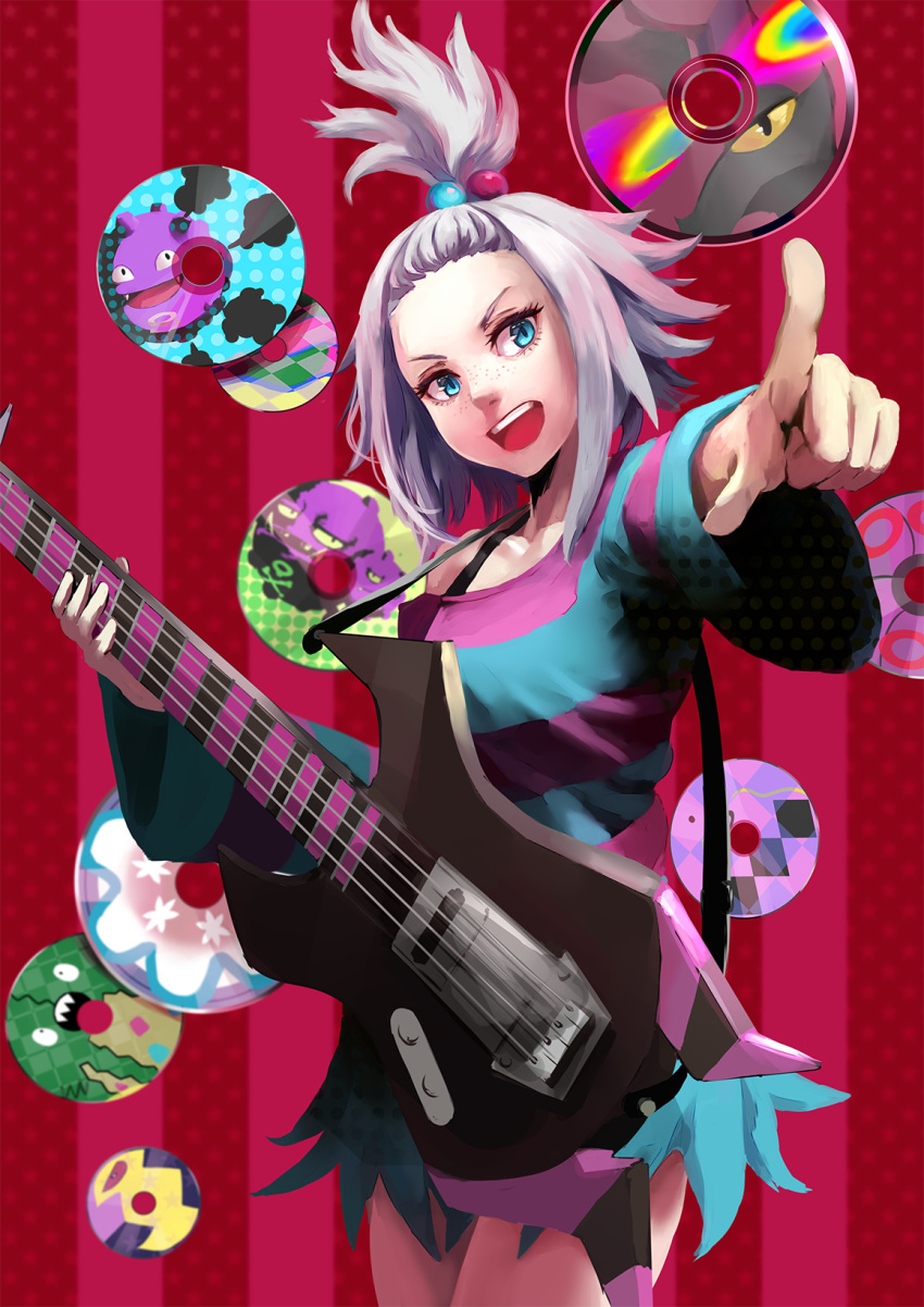 alolan_form alolan_muk bare_shoulders bass_guitar blue_eyes cd collarbone cowboy_shot dress eyelashes freckles garbodor gen_1_pokemon gen_3_pokemon gen_5_pokemon gen_7_pokemon hair_bobbles hair_ornament highres homika_(pokemon) instrument koffing nihilego off-shoulder_dress off_shoulder open_mouth pointing pokemon pokemon_(game) pokemon_bw2 scolipede seviper solo striped striped_background striped_dress swalot topknot ultra_beast weezing whirlipede white_hair yasaidon