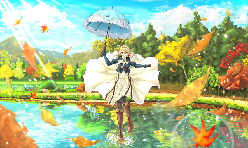 absurdres blonde_hair blue_jacket braid brooch brown_gloves cloud commentary day falling_leaves gloves grass hair_between_eyes hair_intakes hair_ribbon highres holding holding_umbrella jacket jewelry jindou_wan lake landscape leaf long_skirt mountainous_horizon parasol red_ribbon ribbon ripples skirt skirt_lift sky solo tree umbrella violet_evergarden violet_evergarden_(character) walking walking_on_liquid water water_drop white_neckwear white_skirt wind