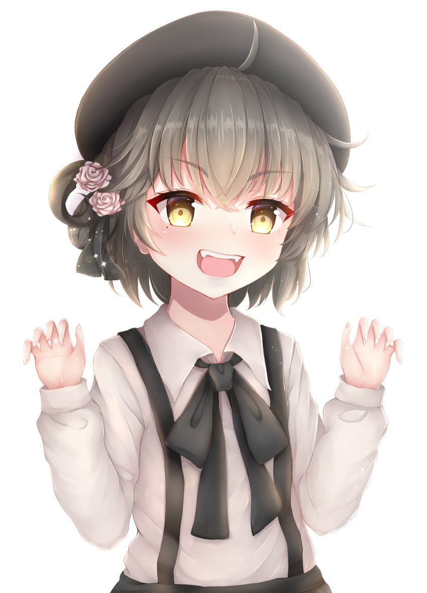 :d absurdres bangs beret black_bow black_hat black_ribbon black_skirt blush bow brown_eyes brown_hair claw_pose collared_shirt endsmall_min eyebrows_visible_through_hair fangs fingernails flower hair_between_eyes hair_flower hair_ornament hair_ribbon hair_rings hands_up hat hatoba_tsugu hatoba_tsugu_(character) highres long_sleeves looking_at_viewer mole mole_under_eye open_mouth revision ribbon rose shirt simple_background skirt smile solo suspender_skirt suspenders v-shaped_eyebrows virtual_youtuber white_background white_flower white_rose white_shirt