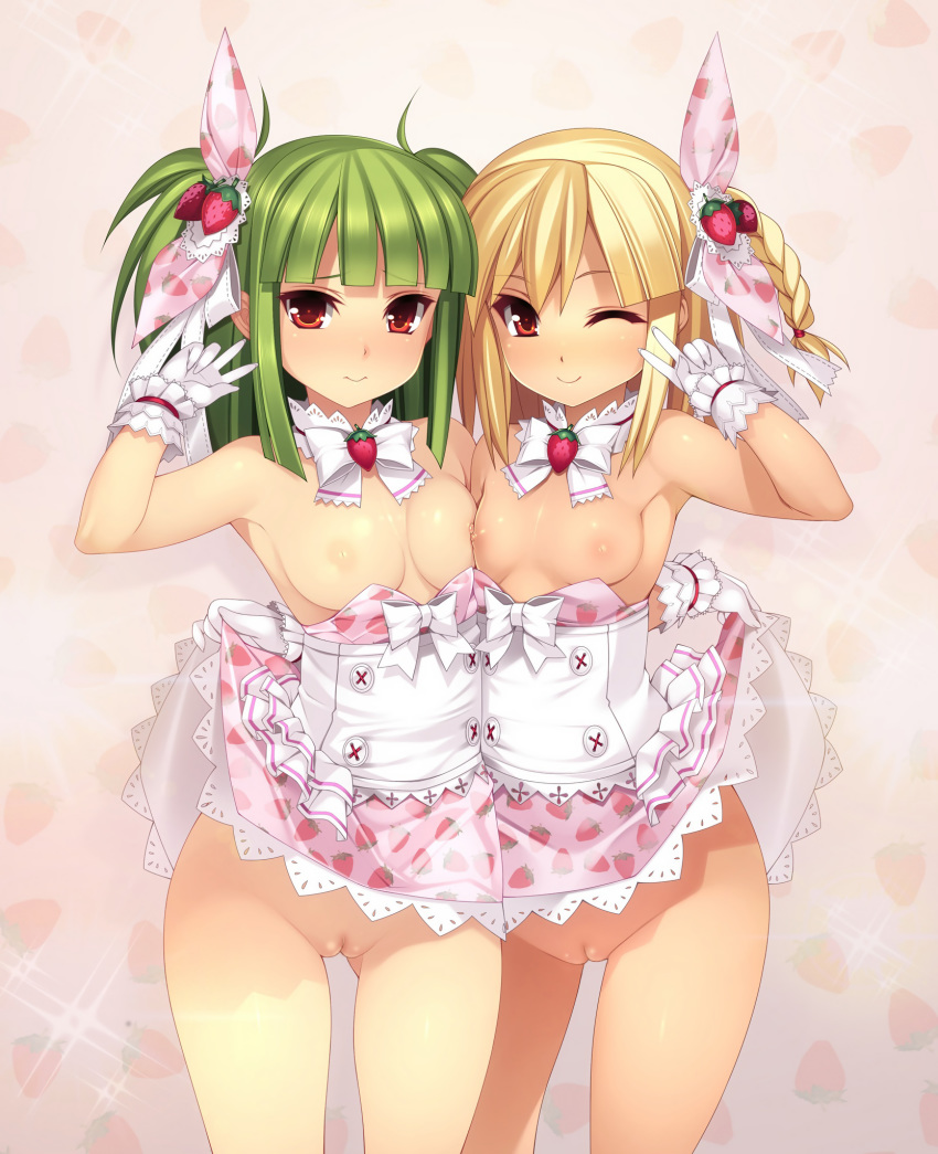 2girls 3: ;) arm_behind_back assisted_exposure asymmetrical_docking bangs bare_shoulders beatmania beatmania_iidx blonde_hair blunt_bangs blush bottomless bow braid breast_press breasts buttons decensored detached_collar dress dress_lift dress_pull flashing food_print food_themed_hair_ornament gloves gluteal_fold green_hair hair_ornament highres hishimiya_tsugaru kinoshita_ichi looking_at_viewer matching_outfit multiple_girls nipples no_bra one_eye_closed pink_dress print_dress pussy red_eyes short_dress side-by-side side_braid small_breasts smile sparkle strapless strapless_dress strawberry_background strawberry_hair_ornament strawberry_print third-party_edit two_side_up uncensored undressing v white_gloves xiatian_(beatmania_iidx) yuri